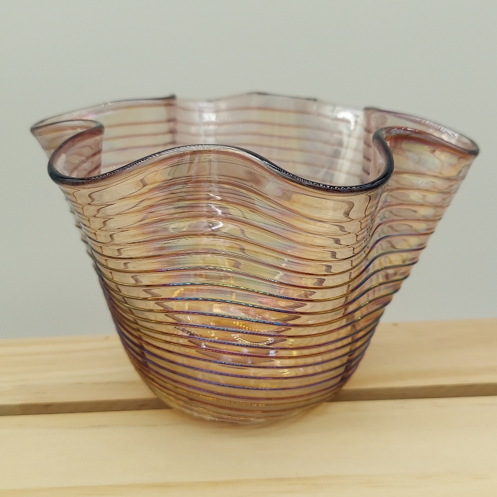 Purple Iridescent Ruffed Handkerchief Ribbed Vase